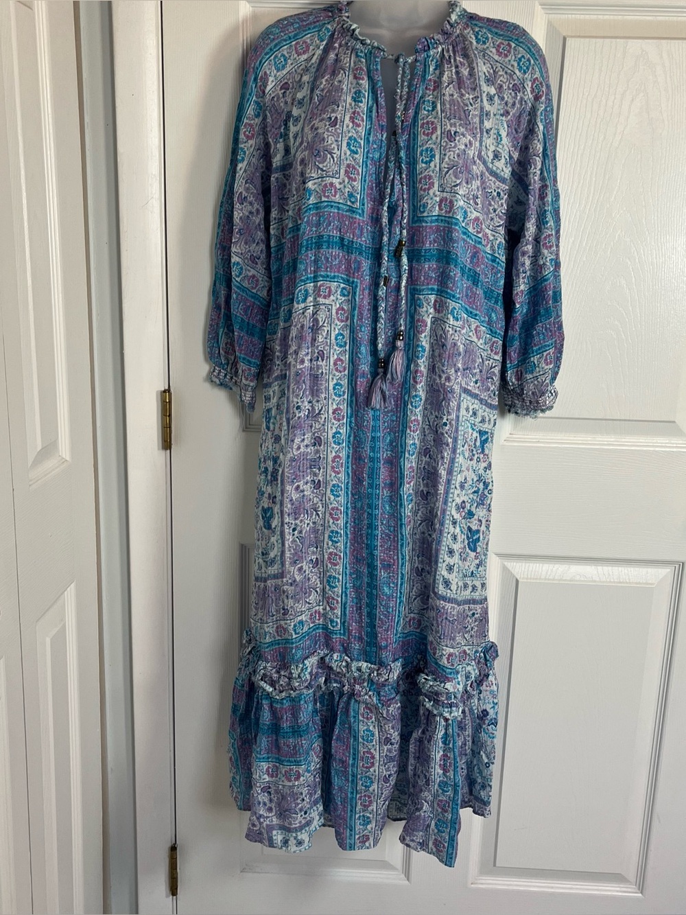 Zara Bohemian Purple & Blue Paisley Cotton Viscose Tiered Midi Maxi Dress (M/L)